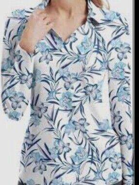 GGOV Light Blue Floral Long-Sleeve Women's Golf/Tennis V Neck Collared Top Small